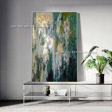 Cargar imagen en el visor de la galería, 100% Handmade Abstract Green Gold Foil Oil Painting Modern Canvas Art Fashion Wall Pictures for Living Room Big Green Posters