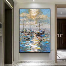 Laden Sie das Bild in den Galerie-Viewer, Abstrakte Küstenlandschaft, schwer strukturiert, dickes Ölgemälde, Segelboot, Schiff, Kunst, handgemalt, ungerahmt, Meereslandschaft, Wand-Leinwandkunst