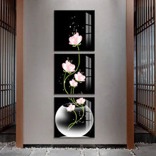 Load image into Gallery viewer, 3 pieces Modular Vase with purple tulips Flowers wall art Canvas painting poster Porch Corridor Vertical Version Home Decoration