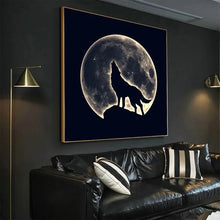Laden Sie das Bild in den Galerie-Viewer, Abstarct Schwarz-weißer Wolf, leuchtender Mond, wildes Tier, Leinwandgemälde, Poster, Druck, Wandkunst, Bilder für Wohnzimmer, Heimdekoration