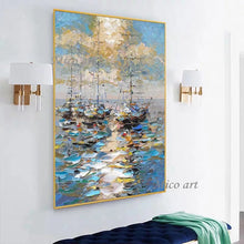 Laden Sie das Bild in den Galerie-Viewer, Abstrakte Küstenlandschaft, schwer strukturiert, dickes Ölgemälde, Segelboot, Schiff, Kunst, handgemalt, ungerahmt, Meereslandschaft, Wand-Leinwandkunst