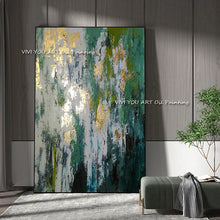 Cargar imagen en el visor de la galería, 100% Handmade Abstract Green Gold Foil Oil Painting Modern Canvas Art Fashion Wall Pictures for Living Room Big Green Posters