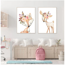 Laden Sie das Bild in den Galerie-Viewer, Babyzimmer Wandkunst Leinwand Bilder Kindergarten Drucke Blume Kaninchen Leinwand Malerei Waldtiere Poster Nordic Fox Deer Bild