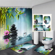 Carica l'immagine nel visualizzatore della Galleria, Zen Green Bamboo Shower Curtain Set Pink Lotus Orchid Grey Stone Spa Scenery Bathroom Decor Non-Slip Rug Bath Mats Toilet Cover