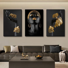 Load image into Gallery viewer, 3pcs African Black Women With Gold Jewelry Wall Art Posters Perfect Living Room Prints Canvas For Home Wall Art Decor Pictures