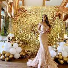 Load image into Gallery viewer, 18pcs Golden Sequin Backdrop Panels for Wedding Party Baby Shower Background Wall Decor Shimmer Laser Backdrops Curtain 30x30cm