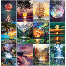 Laden Sie das Bild in den Galerie-Viewer, 5D-Diamant-Malerei, Mond, Baum, Segelboot, Landschaft, Diamant-Mosaik-Set, vier Jahreszeiten, Baum, Strass-Stickerei, DIY-Heimdekoration