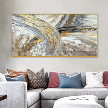 Cargar imagen en el visor de la galería, 100% hecho a mano, pintura de textura abstracta, color blanco, dorado y gris, imagen de arte moderno para sala de estar, arte en lienzo moderno de alta calidad
