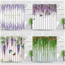Rideau de douche à fleurs papillon, violet, Floral, lavande, vigne, feuilles d'aquarelle, plantes, rideaux de bain en tissu imprimé, ensemble de décoration de salle de bains