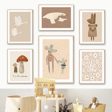 Charger l'image dans la galerie, Toile d'art mural de dessin animé Boho, lapin, souris, oie, peinture nordique rétro, affiche imprimée, image murale, décor de chambre d'enfant et de bébé