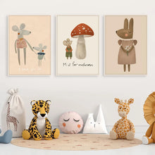 Charger l'image dans la galerie, Toile d'art mural de dessin animé Boho, lapin, souris, oie, peinture nordique rétro, affiche imprimée, image murale, décor de chambre d'enfant et de bébé