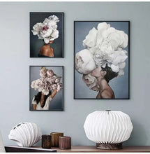 Charger l'image dans la galerie, Peinture décorative pour salon, décoration de maison, fleurs, plumes, femme, toile abstraite, peinture murale, affiche imprimée