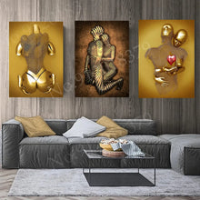 Load image into Gallery viewer, 1Pcs Abstract Gold Metal Figure Statue Painting Romantic Lover Sculpture Poster Canvas Print Living Room Wall Art Home Decor Cua