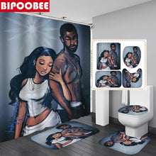 Laden Sie das Bild in den Galerie-Viewer, Afrikanischer starker Mann, sexy Mädchen, Duschvorhang-Set, Afro-Liebhaber, rutschfeste Teppiche, WC-Deckelbezug und Badematte, Badezimmer-Vorhänge-Set