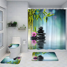 Carica l'immagine nel visualizzatore della Galleria, Zen Green Bamboo Shower Curtain Set Pink Lotus Orchid Grey Stone Spa Scenery Bathroom Decor Non-Slip Rug Bath Mats Toilet Cover
