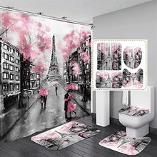 Carica l'immagine nel visualizzatore della Galleria, 4Pcs Paris Eiffel Tower Pink Shower Curtain Sets with Non-Slip Rugs Bath U-Shaped Mat Toilet Lid Cover Valentine Bathroom Decor