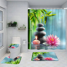 Carica l'immagine nel visualizzatore della Galleria, Zen Green Bamboo Shower Curtain Set Pink Lotus Orchid Grey Stone Spa Scenery Bathroom Decor Non-Slip Rug Bath Mats Toilet Cover