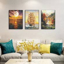 Laden Sie das Bild in den Galerie-Viewer, 5D-Diamant-Malerei, Mond, Baum, Segelboot, Landschaft, Diamant-Mosaik-Set, vier Jahreszeiten, Baum, Strass-Stickerei, DIY-Heimdekoration