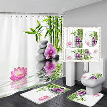 Carica l'immagine nel visualizzatore della Galleria, Zen Green Bamboo Shower Curtain Set Pink Lotus Orchid Grey Stone Spa Scenery Bathroom Decor Non-Slip Rug Bath Mats Toilet Cover