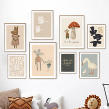 Charger l'image dans la galerie, Toile d'art mural de dessin animé Boho, lapin, souris, oie, peinture nordique rétro, affiche imprimée, image murale, décor de chambre d'enfant et de bébé