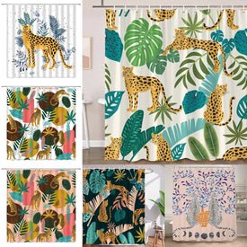 Rideau de douche Boho Cheetah, rideau de bain tropical de faune de léopard, rideau de salle de bains floral bleu de phase de lune esthétique rose moderne