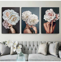 Charger l'image dans la galerie, Peinture décorative pour salon, décoration de maison, fleurs, plumes, femme, toile abstraite, peinture murale, affiche imprimée