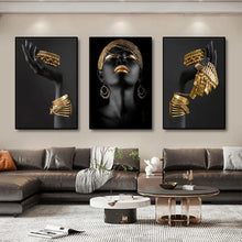 Load image into Gallery viewer, 3pcs African Black Women With Gold Jewelry Wall Art Posters Perfect Living Room Prints Canvas For Home Wall Art Decor Pictures