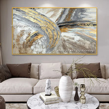 Cargar imagen en el visor de la galería, 100% hecho a mano, pintura de textura abstracta, color blanco, dorado y gris, imagen de arte moderno para sala de estar, arte en lienzo moderno de alta calidad