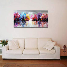 Load image into Gallery viewer, Hand Painted Lake Landscape Canvas Wall Art with Colorful Tree Thick Texture Oil Painting Abstract Artwork (48 x 24 inch)
