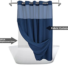 Carica l'immagine nel visualizzatore della Galleria, Tenda da doccia strutturata fiammata senza gancio con set di rivestimento in PEVA - 71" x 74" (72"), stile hotel con finestra superiore trasparente, tessuto lavabile in lavatrice e idrorepellente, Blu Navy, 71x74