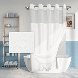 Juego de cortina de ducha con textura flameada sin gancho con forro de PEVA a presión, 71 x 74 pulgadas (72 pulgadas), estilo hotel con ventana superior transparente, cortina exterior de tela y forro interior impermeable, blanco, 71 x 74