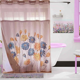 Whatarter Yellow Floral Blue Flower Teal Shower Curtain No Hook with Snap-in Liner Top Window Hotel Luxury Fabric Cloth Decor Bathroom Double Layers Mesh Curtains Sets Decorative 71 x 74 inches