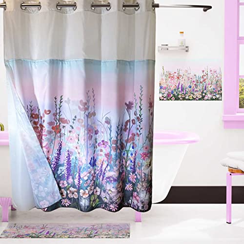 Whatarter Duschvorhang mit rosa Blumen- und Lila-Motiv, ohne Haken, mit Snap-in-Einlage, doppellagiges Netzgewebe oben, Fenster, Hotel, luxuriös, bunt, Blumenstoff, Stoff, Dekor, Badezimmer-Vorhang-Sets, dekorativ, 180 x 183 cm