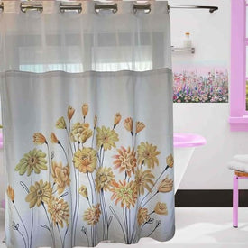 Whatarter Cortina de ducha de flores amarillas, sin gancho, con forro a presión, ventana superior, hotel, tela de lujo, decoración de baño, doble capa, juego de cortinas florales de malla, decorativas, 71 x 74 pulgadas