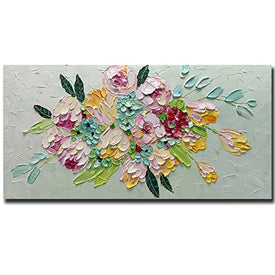 Art 24 x 48 Zoll moderne abstrakte handgemalte 3D strukturierte bunte Blumen-Wandkunst Blumenstrauß Ölgemälde auf Leinwand Stillleben-Kunstwerk gespannt und gerahmt fertig zum Aufhängen für Wohnzimmer Schlafzimmer