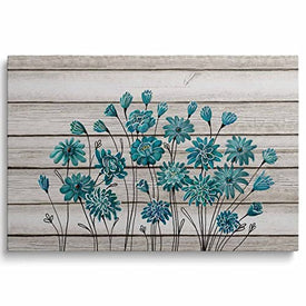 Arte de pared enmarcado Casa de campo gris verde azulado decoración de pared dormitorio azul flor lienzo impresión baño cuadros florales pinturas modernas obras de arte decoración para sala de estar guardería regalos, 24 x 16 pulgadas, Whatarter