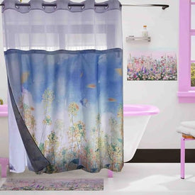 Whatarter Cortina de ducha amarilla, floral, azul cielo, sin gancho, con forro a presión, ventana superior, tela de hotel, decoración de baño, doble capa, malla, color verde azulado, juego de cortinas decorativas de 71 x 74 pulgadas