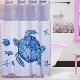 Whatarter Cortina de ducha azul tortuga verde azulado, sin gancho con forro a presión, ventana superior, tela de lujo para hotel, decoración de baño, doble capa, juego de cortinas de malla decorativas de 71 x 74 pulgadas