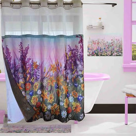 Whatarter Cortina de ducha floral amarilla, flor morada, sin gancho con forro a presión, ventana superior, hotel, tela de lujo, decoración de baño, doble capa, juego de cortinas de malla decorativas de 71 x 74 pulgadas