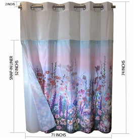 Whatarter - Cortina de ducha con diseño floral y morado, sin gancho, con forro a presión, doble capa, parte superior de malla, ventana, hotel, lujo, tela de flores coloridas, decoración de tela, juegos de cortinas de baño decorativas, 71 x 74 pulgadas