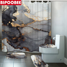 Charger l'image dans la galerie, Rideau de douche en marbre abstrait Crack Texture dorée Rideaux de salle de bain en grain de pierre de luxe Couverture de toilette et tapis de bain Tapis antidérapant