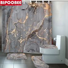 Charger l'image dans la galerie, Rideau de douche en marbre abstrait Crack Texture dorée Rideaux de salle de bain en grain de pierre de luxe Couverture de toilette et tapis de bain Tapis antidérapant