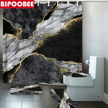 Charger l'image dans la galerie, Rideau de douche en marbre abstrait Crack Texture dorée Rideaux de salle de bain en grain de pierre de luxe Couverture de toilette et tapis de bain Tapis antidérapant