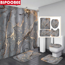 Charger l'image dans la galerie, Rideau de douche en marbre abstrait Crack Texture dorée Rideaux de salle de bain en grain de pierre de luxe Couverture de toilette et tapis de bain Tapis antidérapant
