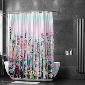 Cortina de ducha floral púrpura rosa para baño Flores coloridas Plantas de flores silvestres románticas Bañeras Decoración Tela de poliéster impermeable Conjunto de cortina de ducha