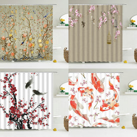 Cortinas de ducha de pájaros y flores de estilo chino, cortina de baño impermeable, tela impresa en 3d con ganchos, cortina de ducha decorativa, Whatarter