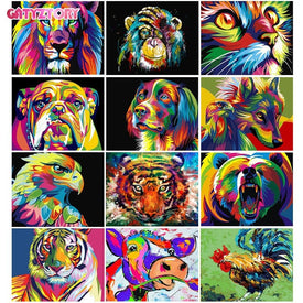 Marco de 60x75cm pintura DIY por números acrílico animales coloridos pintura al óleo pintada a mano por números para arte de decoración del hogar