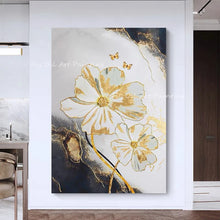 Carica l&#39;immagine nel visualizzatore della Galleria, Large Size gold foil flower picture with grey canvas 100% Handpainted Oil Painting On Canvas home decoration