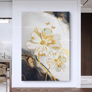 Large Size gold foil flower picture with grey canvas 100% Handpainted Oil Painting On Canvas home decoration