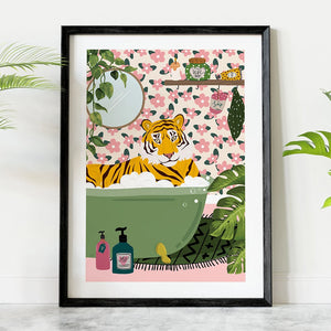 Tiger in Bathtub Botanical Print Poster Tropical Jungle Animal Wall Art Canvas Painitng Cheetah Reading Newspaper Safari Decor